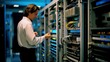 A proficient IT expert examining a server room or performing repairs.