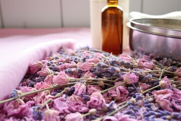 Sticker - bundled dried lavender flowers lying next to a bath of rose water