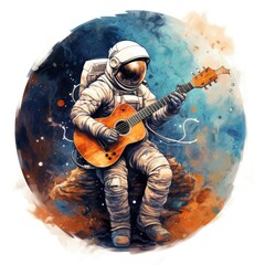 Wall Mural - watercolor astronaut playing guitar on a white background. Generative AI