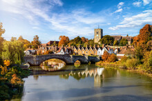 Panoramic View Of Aylesford Village In Kent, England With Medieval Bridge Over The River Medway During Golden Autumn Time