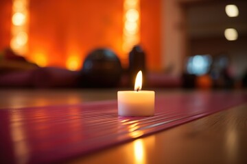 Poster - candle flame close-up with a blurred yoga mat in the background