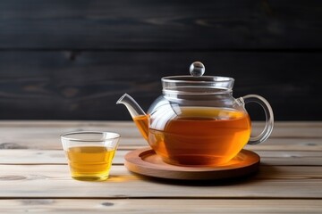 Sticker - tea pot and cup set on a simple wooden table