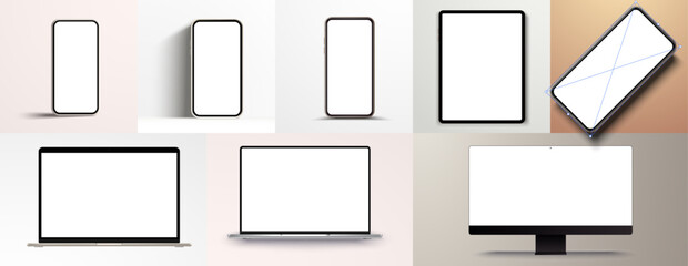Fototapete - Modern Digital Device Collection: Smartphones, Tablets, and Desktop Monitor Illustrations.