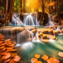 Amazing Of Huay Mae Kamin Waterfall In Colorful Autumn Forest At Kanchanaburi, Thailand