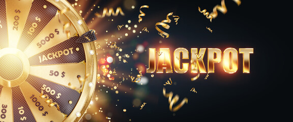 The inscription jackpot and golden Wheel of Fortune on a dark background, golden confetti. Casino, big win, website header, design template, magazine style. 3D illustration, 3D Render, copy space.