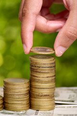 Wall Mural - Closeup of hand putting coin stack