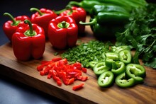 Juxtaposed Green And Red Peppers On A Board
