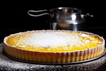 Sticker - lemon tart with a dusting of icing sugar on a silver plate