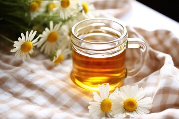 Canvas Print - mug of chamomile tea beside a bed