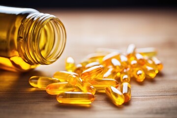 Poster - omega-3 capsules spilling out from a bottle on a table