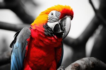 Wall Mural - monochrome photo of a multicolored parrot