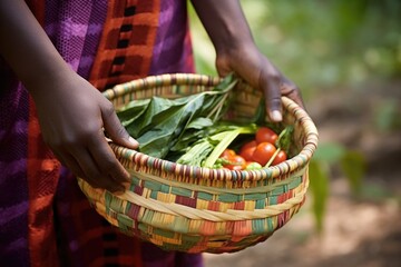 Wall Mural - close-up of hand woven basket carrying fresh vegetables