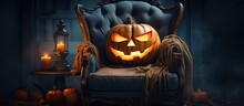 Enigmatic Halloween Photo Of A Pumpkin On A Vintage Chair In An Old House Adorned With Candles And Magic Lights Fairy Tale Vintage Vibe With Copyspace For Text