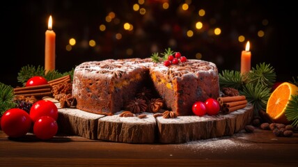 Wall Mural - Closeup of Festive Christmas Fruitcake with Baked Berries, Cherries, Biscuits and Candies to Celebrate the Holiday Season