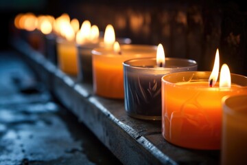 Wall Mural - a row of scented candles flickering in a dark room