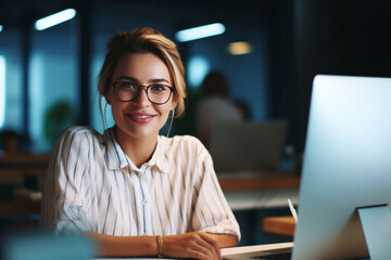 Wall Mural - A Happy Beautiful Blonde Businesswoman Looking At Camera While Working On Her Computer