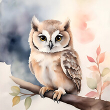 Watercolor Painting Of Cute Owl On A Branch. Illustration Of Woodland Animal For Design, Greeting Cards, Invitations, Postcard, Template Or Wall Art