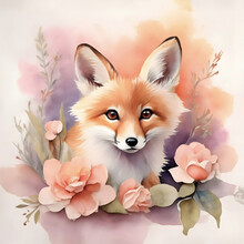 Watercolor Painting Of A Cute Fox Amidst Beautiful Flowers.  Illustration Of Woodland Animal For Design, Greeting Cards, Invitations, Template Or Wall Art