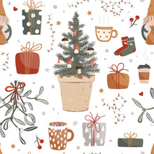 Seamless Pattern. A Cozy Winter Ornament With Mistletoe, Mugs, Cups Of Tea, Christmas Tree Branches, Snowflakes, New Year Sweets, Socks, And Presents. Vector Graphics