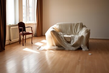 Poster - an emptied out co-shared apartment leaving a single chair