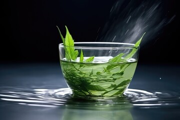 Poster - green tea leaves in a transparent cup with hot water vapor, encouraging relaxed breaths