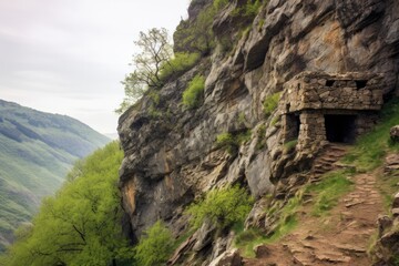 Poster - a stone hermitage nestled in the mountainside