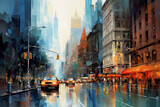 Fototapeta Nowy Jork - New York City painted in an expressionist impressionist style. thick brush strokes, red and blue style. ideal for tourist office or hotel. horizontal composition