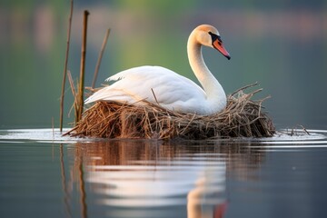 Wall Mural - a swan defending nest in a quiet lake