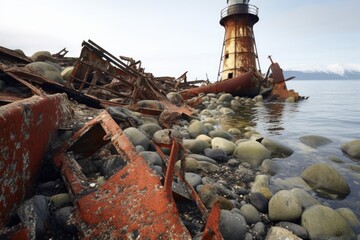 Wall Mural - an extinguished lighthouse amidst a ship wreckage