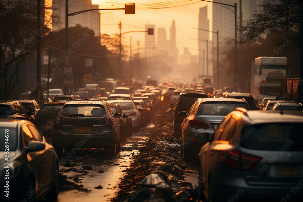 Congested Environment Polluted city with chaotic traffic, highlighting the hazardous ...