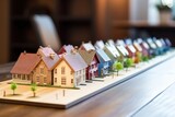 Fototapeta Londyn - architectural miniature models of traditional houses on a wooden board