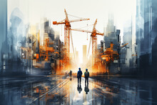 Artistic Creative Background Illustration Featuring Construction Workers, Towering Buildings In Various Stages Of Construction, And Cranes On The Skyline. Ai Generated