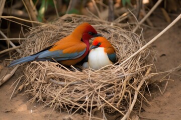 two different kinds of birds constructing a nest together