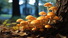 Orange Jack O Lantern Mushrooms Cluster, Pancake Mushroom.