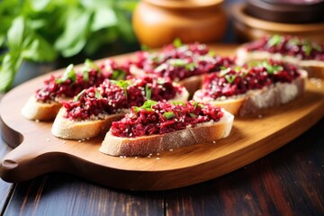 Poster - beetroot bruschetta spread out on a bamboo tray