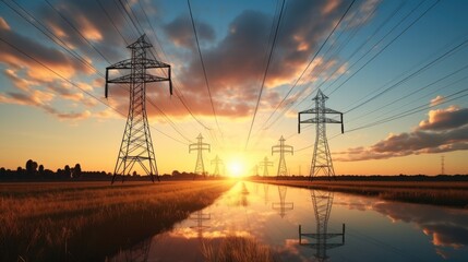 Poster - High voltage electrical towers next to a power plant at sunset.