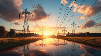 Poster - High voltage electrical towers next to a power plant at sunset.