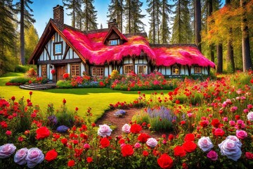 Wall Mural - old house in the autumn with beautiful flowers and roses