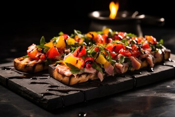 Wall Mural - tuna bruschetta served on a black eruption stone slab