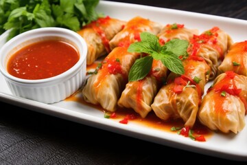 Poster - cabbage rolls with spicy pepper sauce on a serving tray