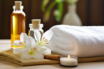 Poster - fluffy towels and soothing products in a spa