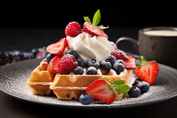 Wall Mural - freshly made belgian waffles with berries and cream