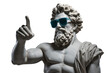 Sculpture of a Greek man in sunglasses pointing finger at your advertisement, male statue in Greek style isolated on a transparent background