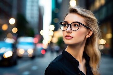 Wall Mural - Businesswoman portrait of young caucasian executive wearing professional suit confident outside office buildings looking up aspirational.