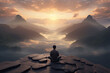 © Helena GARCIA - hombre de espaldas sentado meditando en posición de loto de yoga sobre piedra en la cima de una montaña al  atardecer sobre picos y nubes. Concepto salud mental, vacaciones