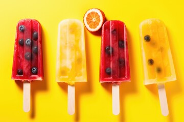 Wall Mural - fruit popsicles melting against a sunny yellow background