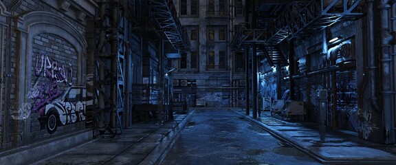 Wall Mural - A gloomy city alley with scant neon lighting. The backyards of a futuristic cyberpunk city. Photorealistic 3D illustration.