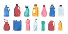 Detergent bottles. Chemical liquid soap and bleach for cleaning, household disinfectant products for housekeeping. Vector laundry chemical tubes set
