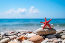 Zen Stones And Red Starfish On Beach With Blue Sky Background