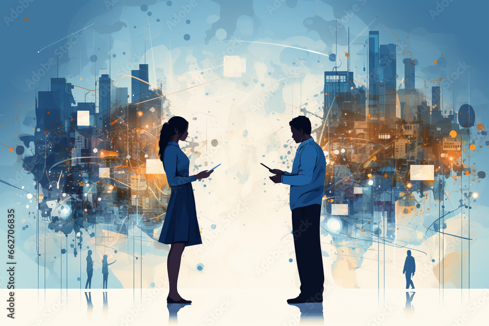 Connecting Humans To Tech Humans interconnected through the web of technology, symbolizing the ...